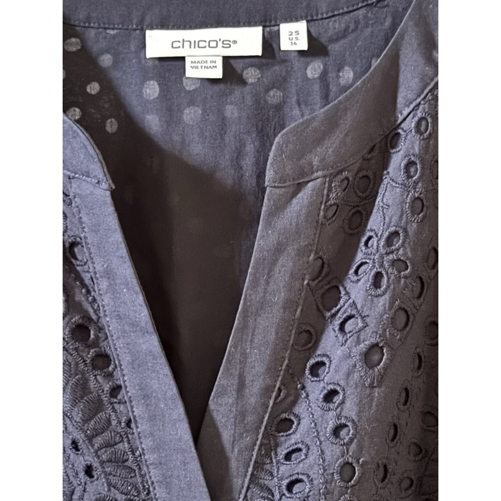 Chico's Navy Blue Eyelet Tiered Dress Size 14 100% Cotton, Lined, V-Neck - Picture 5 of 12